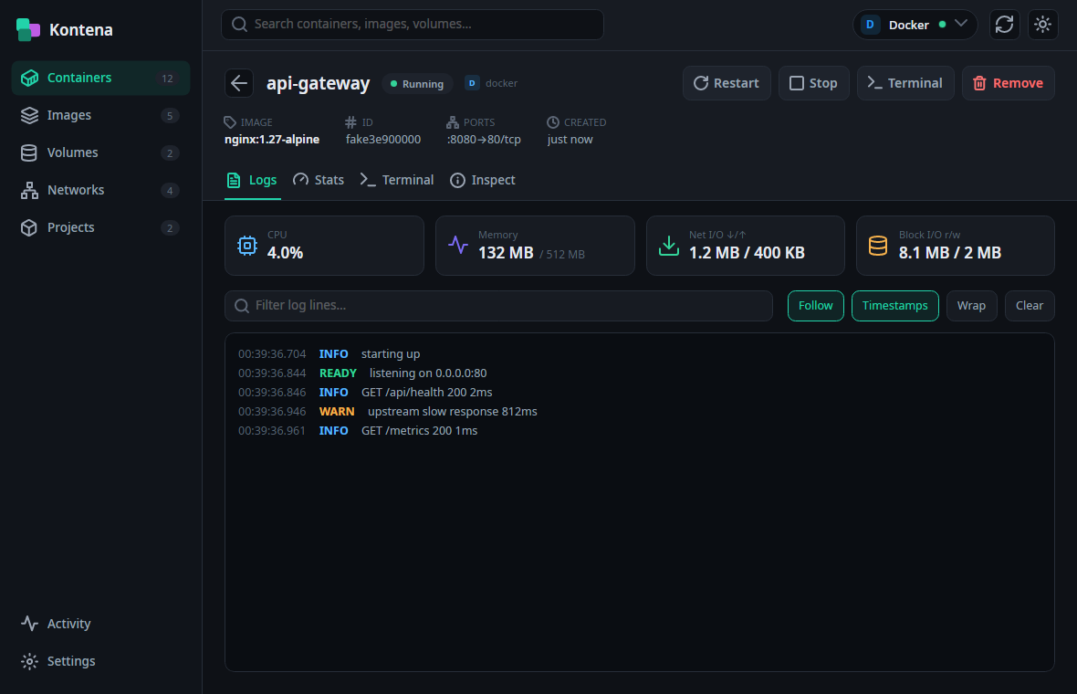 Container detail in Kontena showing streaming logs, live stats and inspect tabs