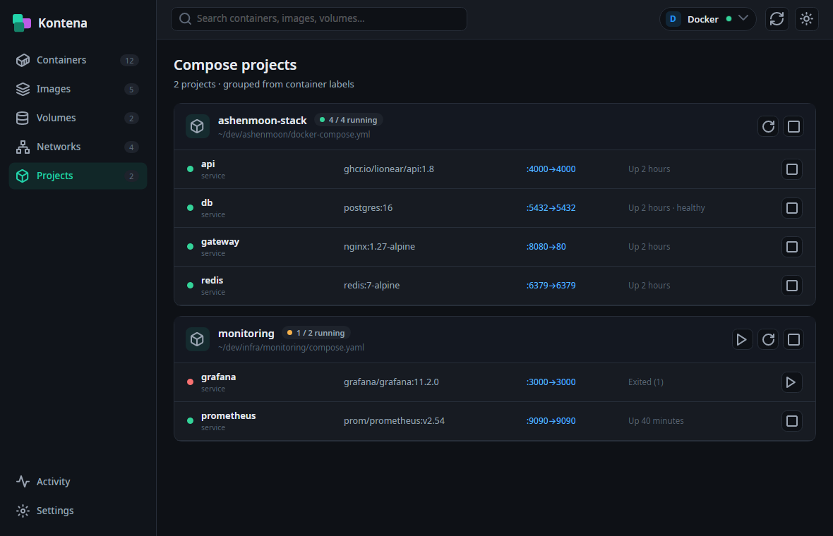 Compose projects view grouping services by project with per-service status