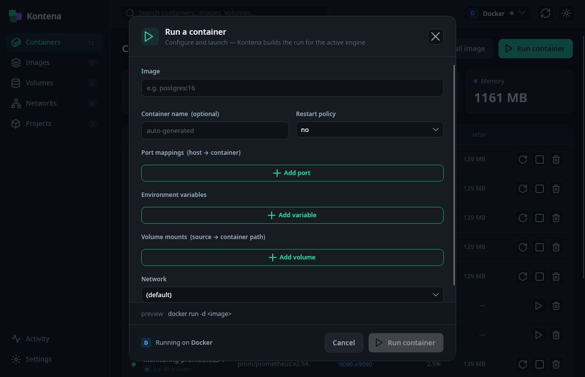 Run-container modal in Kontena with a live command preview for the active engine
